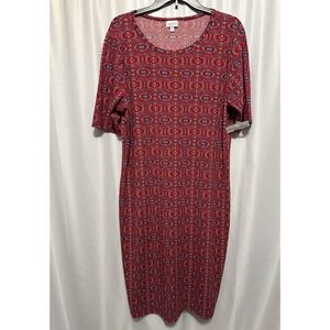 New Lularoe Dress Womens Size 3XL Rayon Red Geometric Pullover Short Sleeve Juli